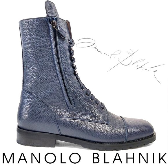 Manolo Blahnik Other - Manolo Blahnik CAMPCHO Navy Blue Calf Leather Lace-Up Zip Boots